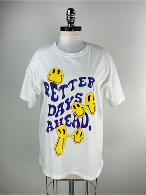 💚 3748. Graphic Tee with Purple 'Better Days Ahead' Text and Yellow Smile Prints
